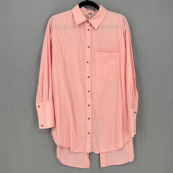 Free People Top Womens Small Pink Button Poplin Oversized Tunic Cotton Pastel - Picture 5 of 8